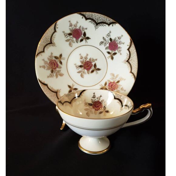 SALE Lefton Mini Tea Cup Saucer Footed Red Rose - Picture 1 of 13